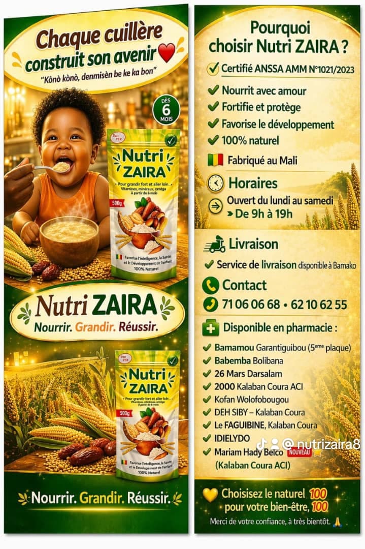 Catalogue Nutri ZAIRA - certifié ANSSA, horaires, livraison à Bamako